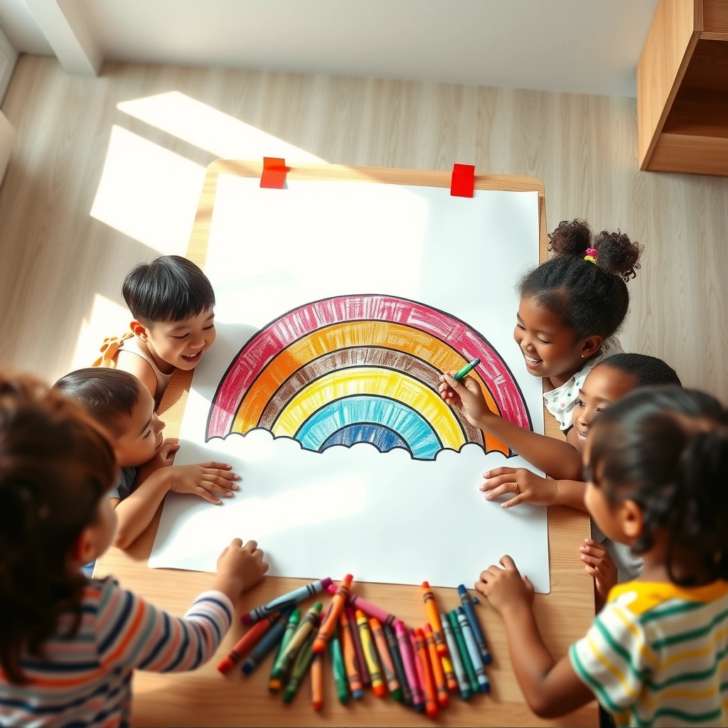 Zdjęcie grupowe: dzieci malujące dużą tęczę - Materiały - Dzień Kredki