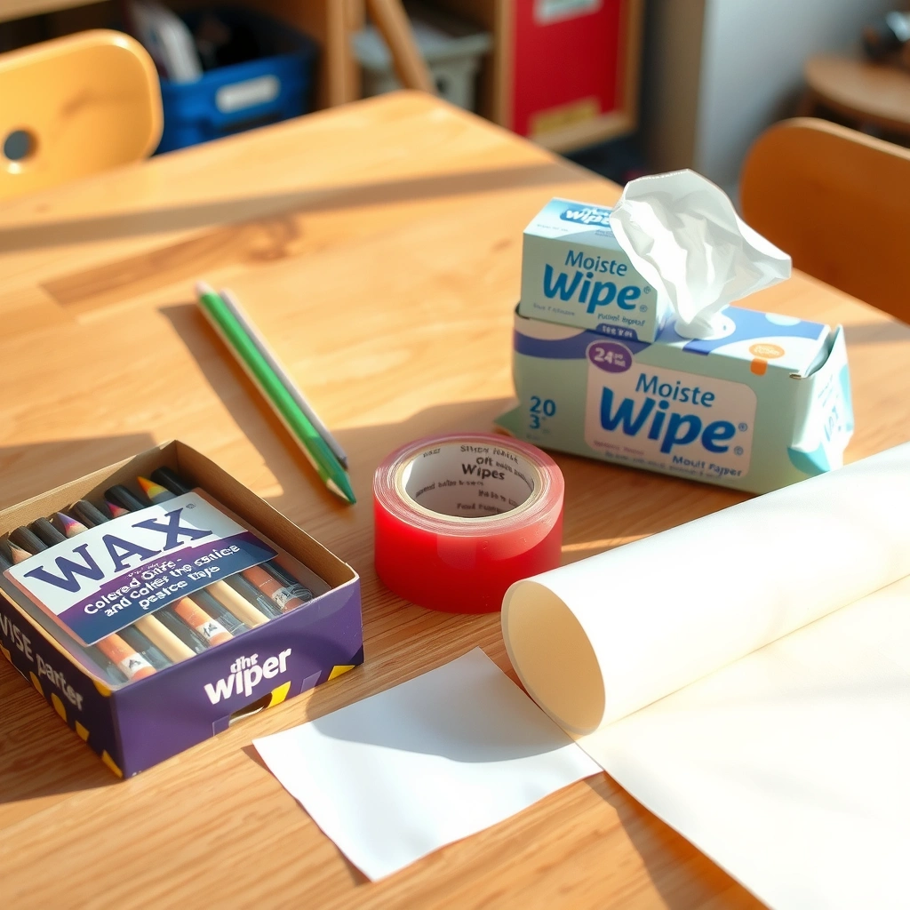 Zdjęcie materiałów: kredki, taśma, wilgotne chusteczki - Materiały - Dzień Kredki