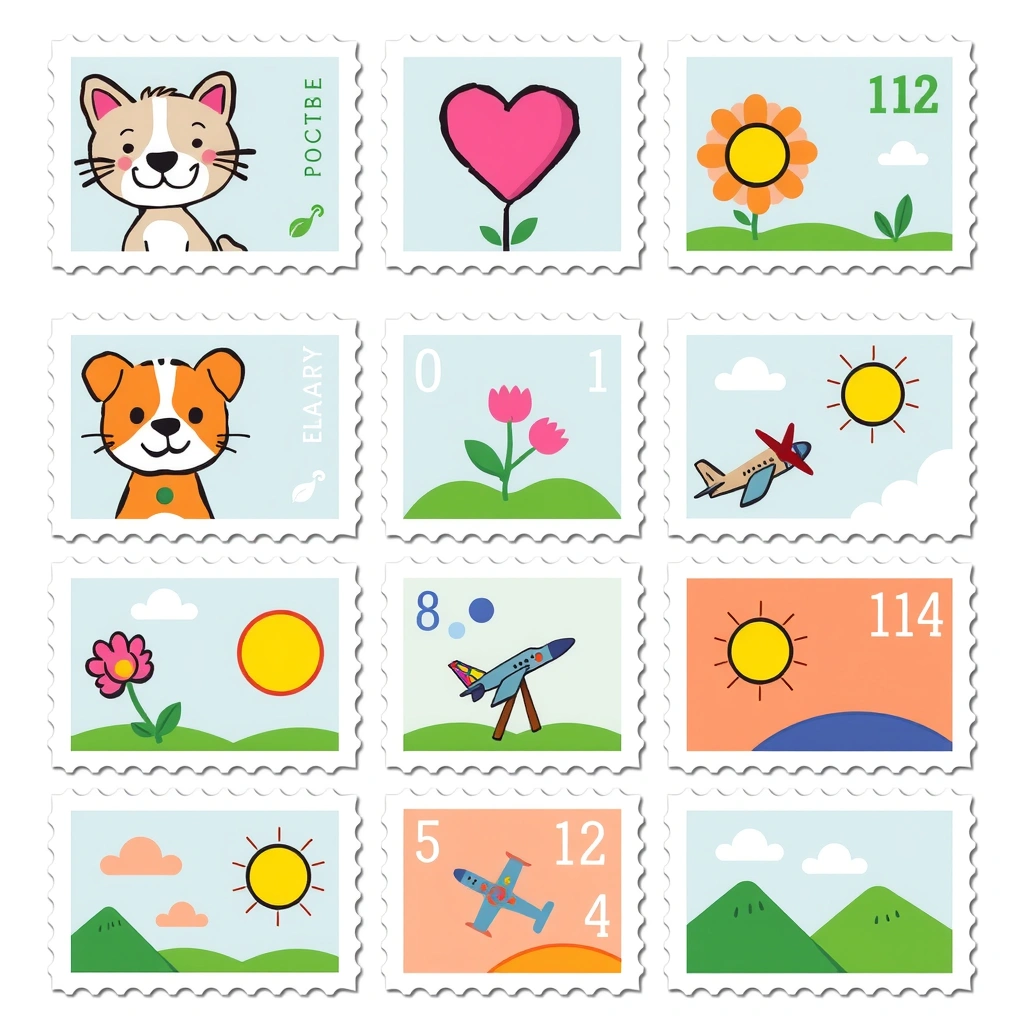 Arkusz znaczków do wycięcia (różne wzory) - Szablony - Dzień Znaczka Pocztowego