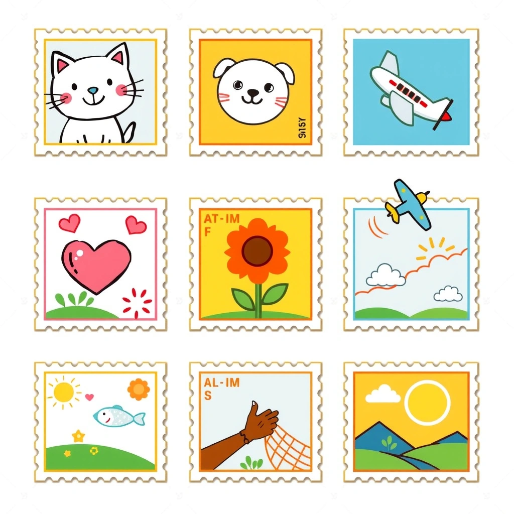 Arkusz znaczków do wycięcia (różne wzory) - Szablony - Dzień Znaczka Pocztowego
