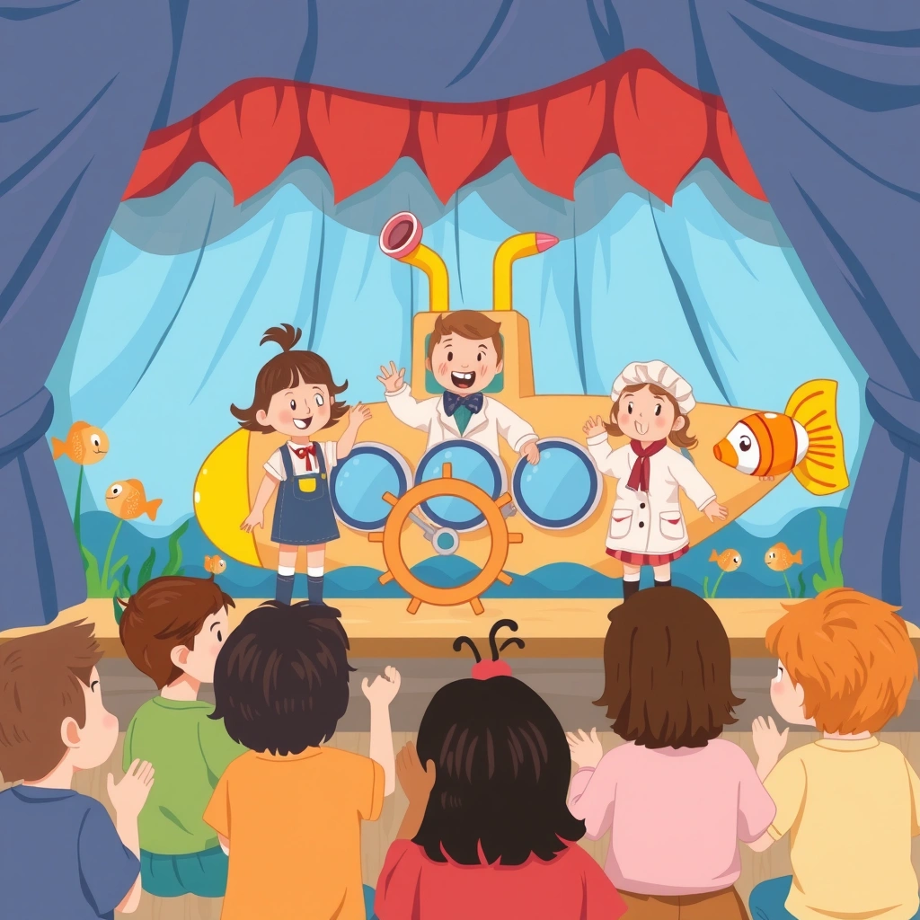 Ilustracja scenki: Dzieci grają teatrzyk podwodny - Materiały - Dzień Łodzi Podwodnej