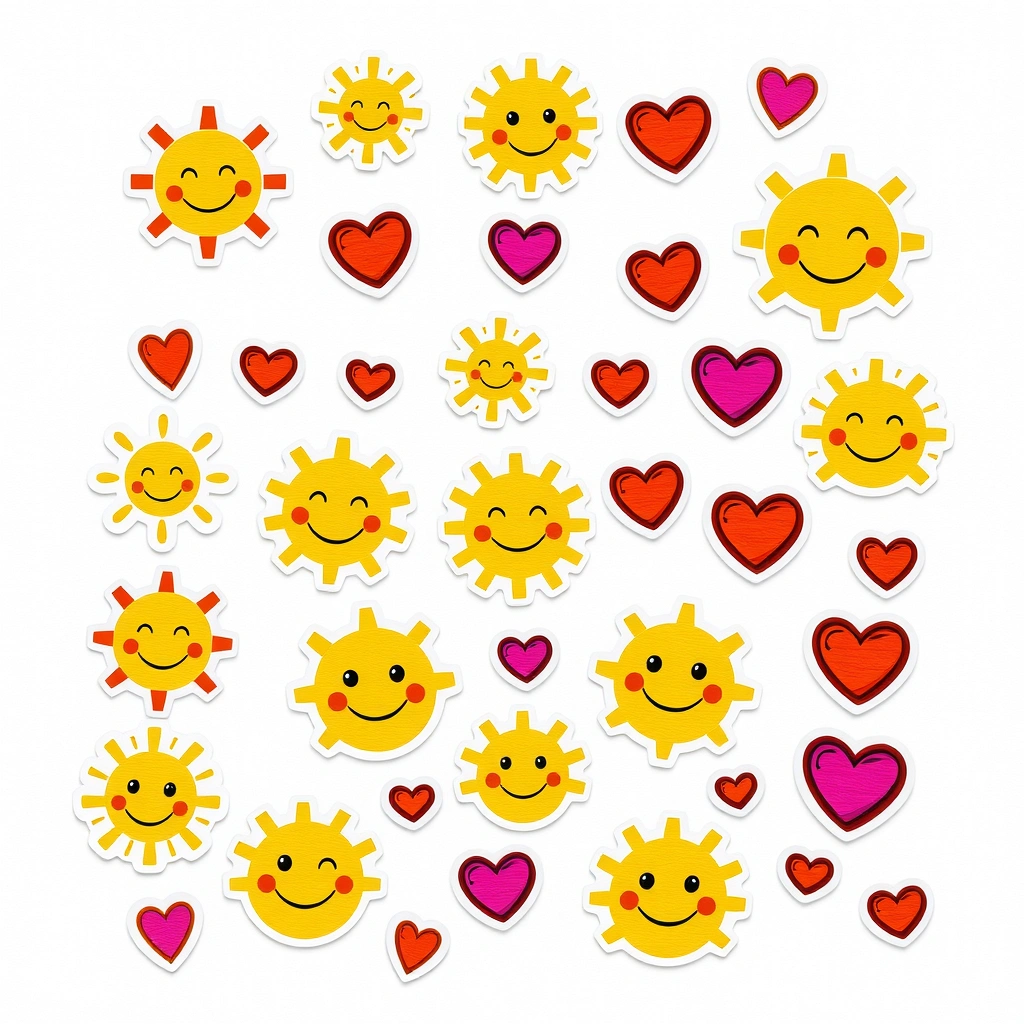 Arkusz naklejek — promyki i buźki - Szablony - Dzień Optymisty