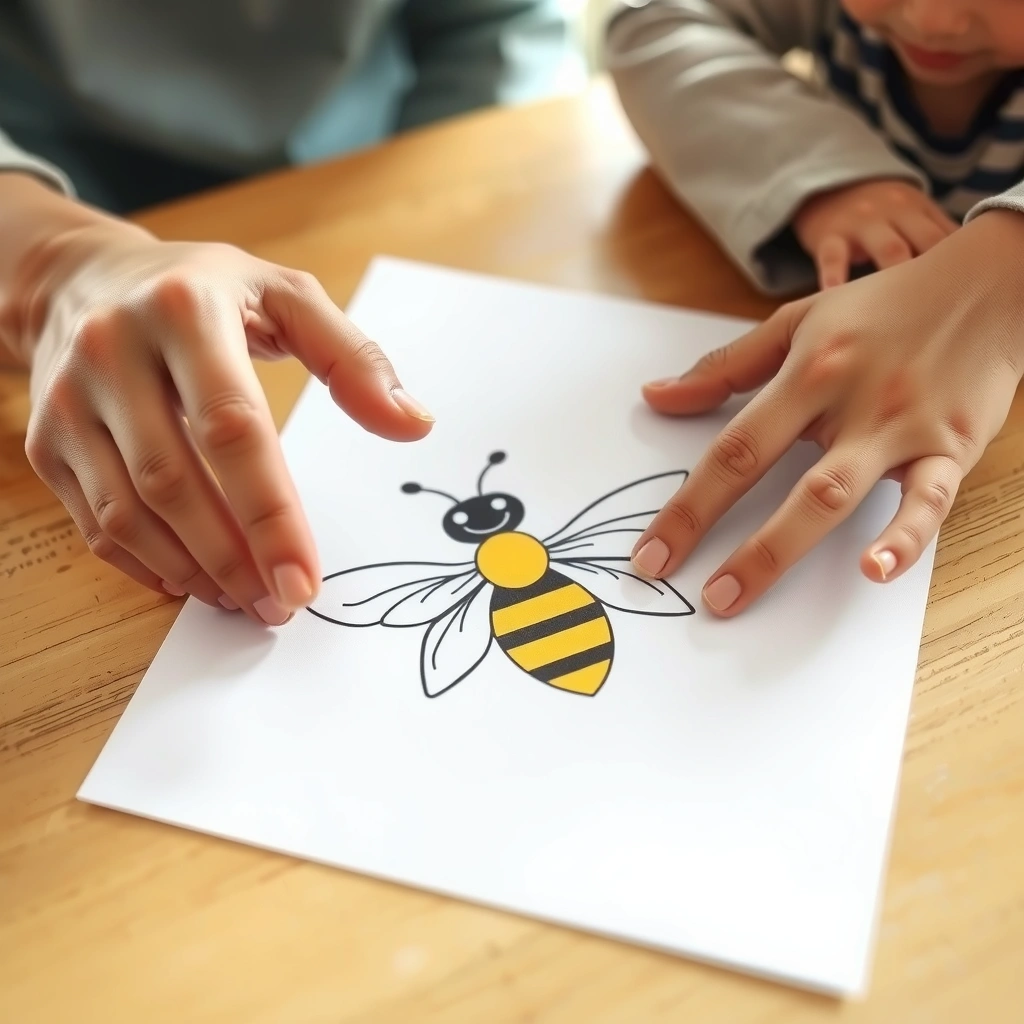 Fotografia: ręce dziecka i opiekuna przyklejające naklejki - Materiały - Dzień Pszczoły
