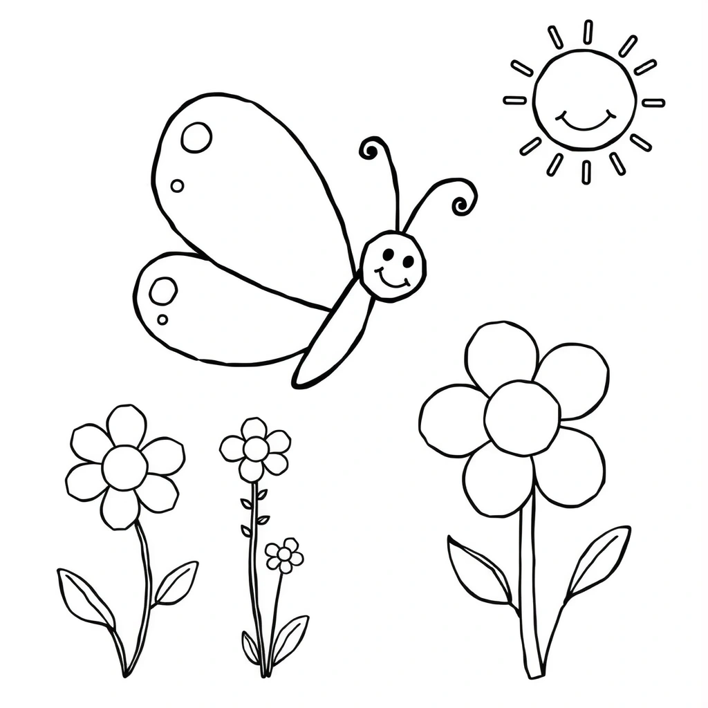 Strona do kolorowania — Motylek i Kwiaty - Kolorowanki - Pierwszy Dzień Lata