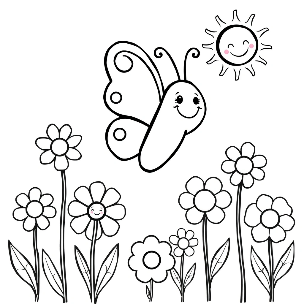 Strona do kolorowania — Motylek i Kwiaty - Kolorowanki - Pierwszy Dzień Lata