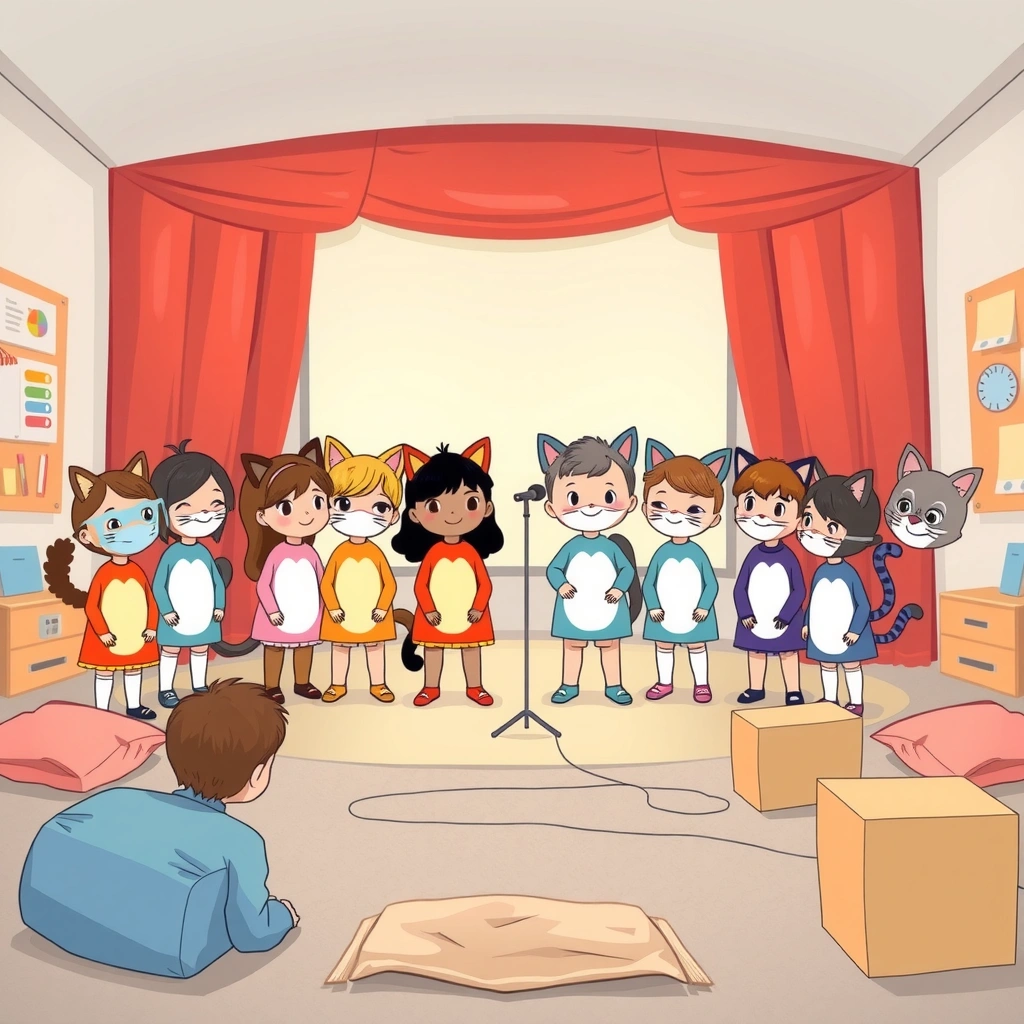 Ilustracja sceny spektaklu z dziećmi przebranymi za koty - Materiały - Dzień Kota
