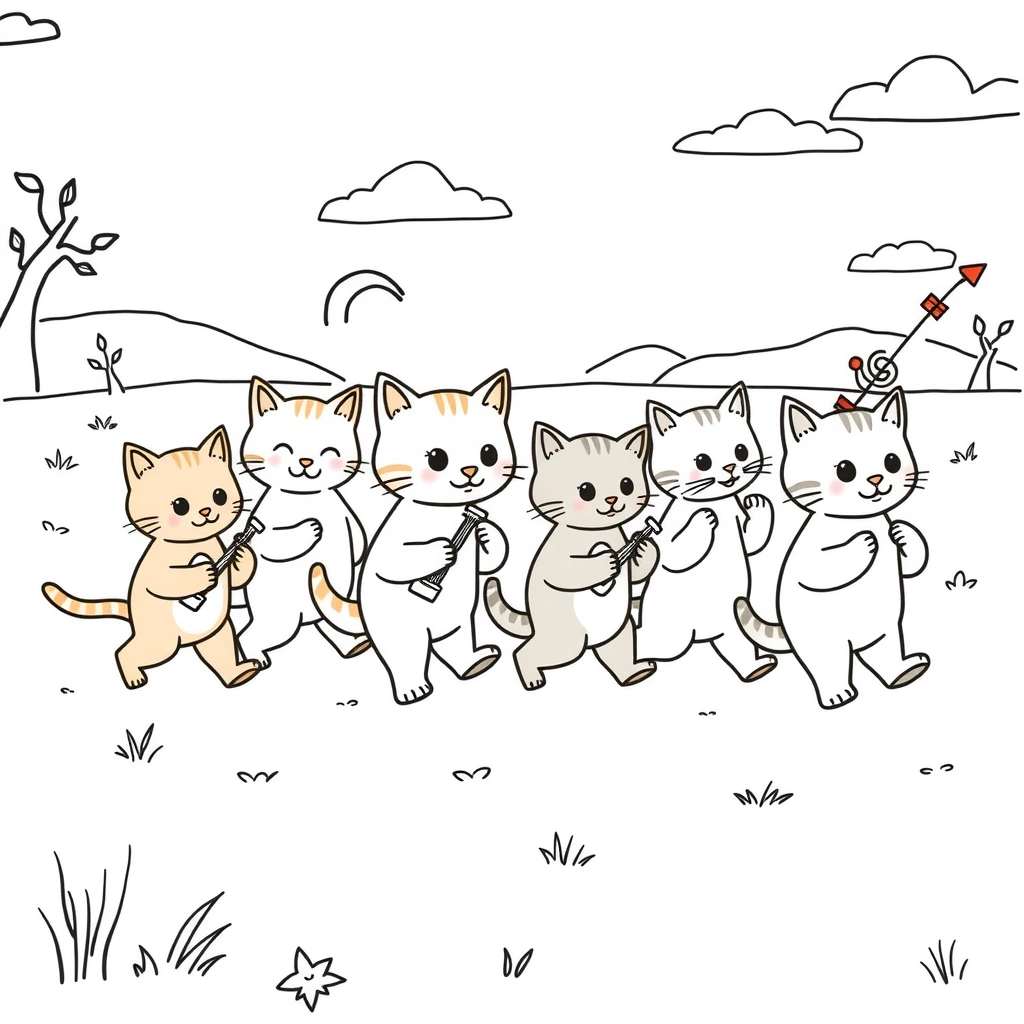 Kolorowanka: parada kotków - Kolorowanki - Dzień Kota