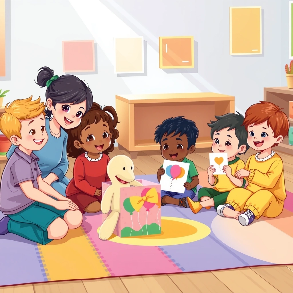 Scena: nauczyciel z dziećmi w kole przy paczce - Materiały - Dzień Dziecka