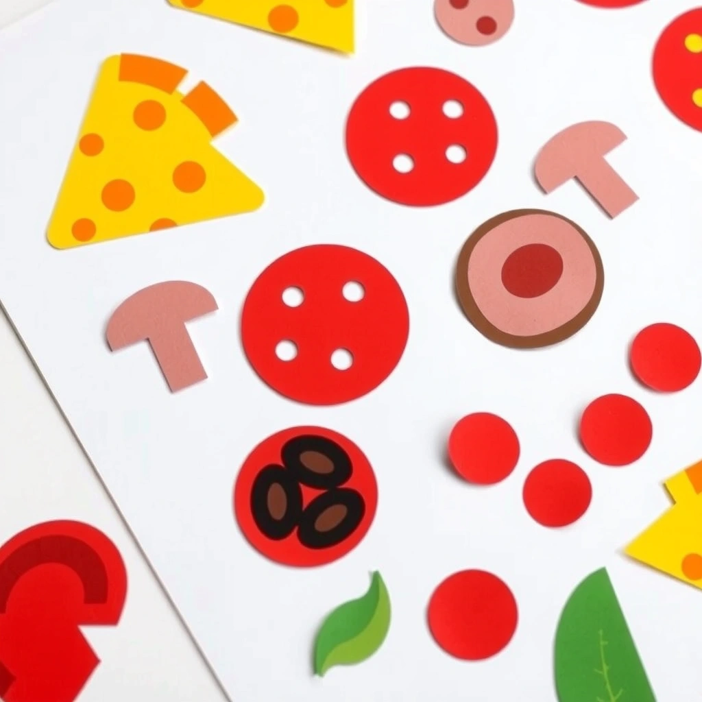Wycięte składniki z kolorowego papieru (zestaw kształtów) - Szablony - Dzień Pizzy (luty)
