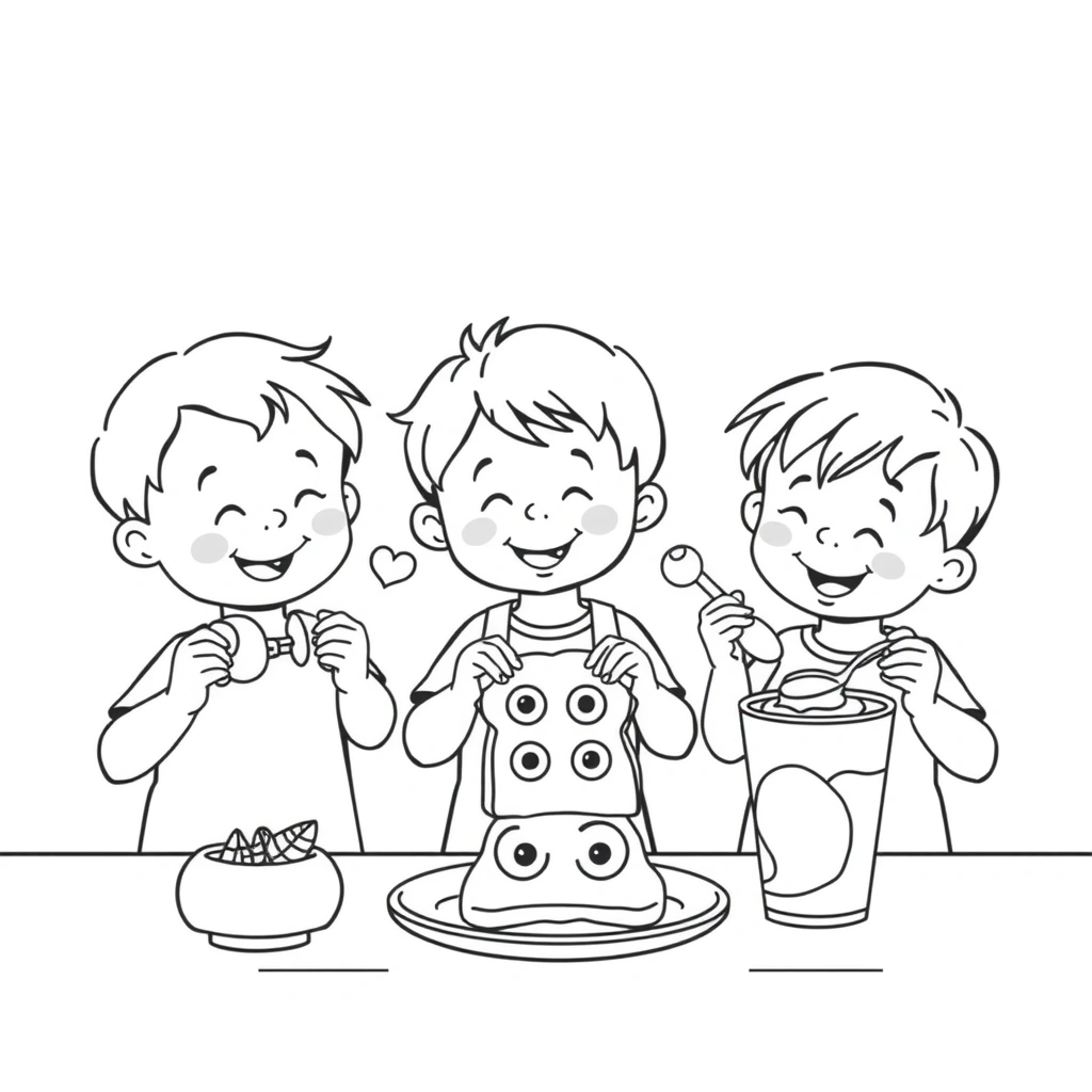 Kolorowanka: Dzieci przygotowują przekąski - Kolorowanki - Dzień Dziecka
