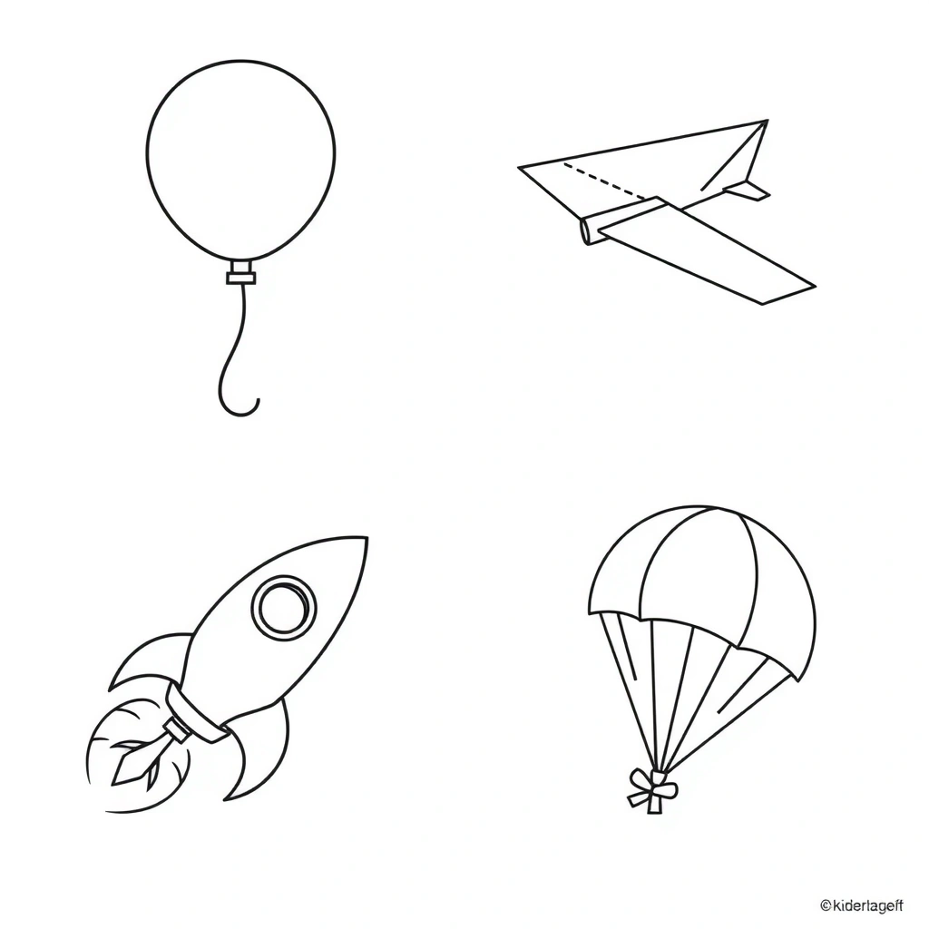 Zestaw kolorowanek — Balon, samolot, rakieta, piórko - Kolorowanki - Dzień Lotnictwa i Kosmonautyki
