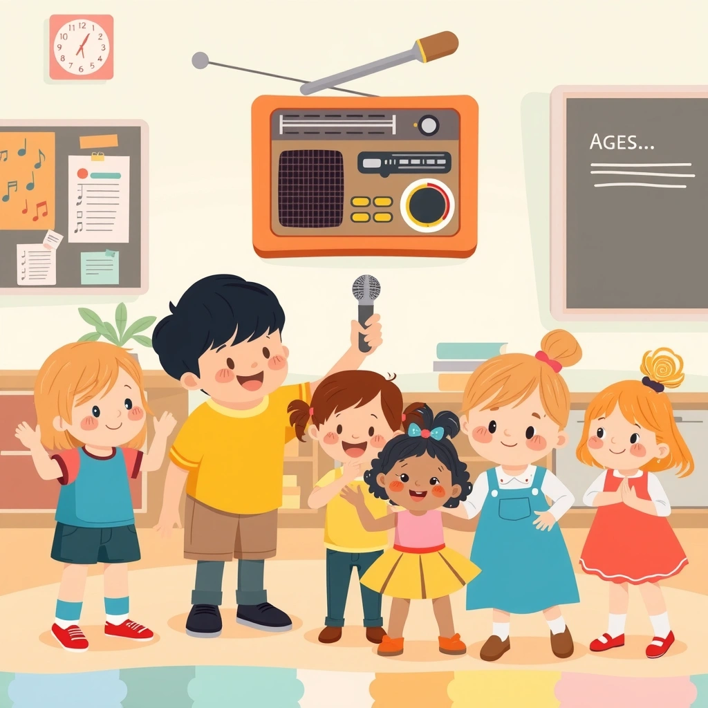 Ilustracja: Prezenter i słuchacze - Materiały - Dzień Radia (kwiecień)