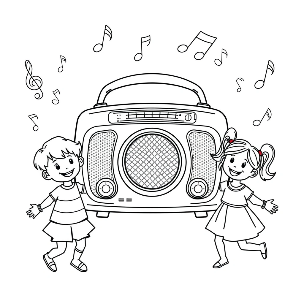 Kolorowanka — Radio i nutki - Kolorowanki - Dzień Radia (kwiecień)