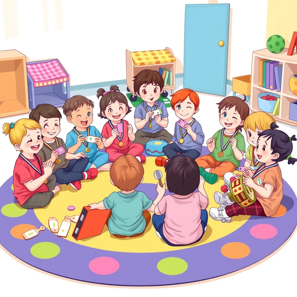 Klatka podsumowująca: dzieci z medalami i instrumentami rytmicznymi - Materiały - Dzień Mężczyzn