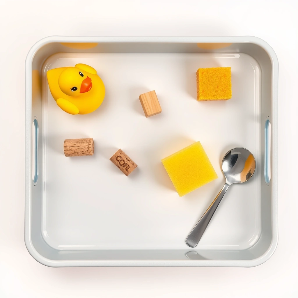 Zbliżenie: tacą z przedmiotami do testów pływalności (flatlay) - Materiały - Dzień Mężczyzn