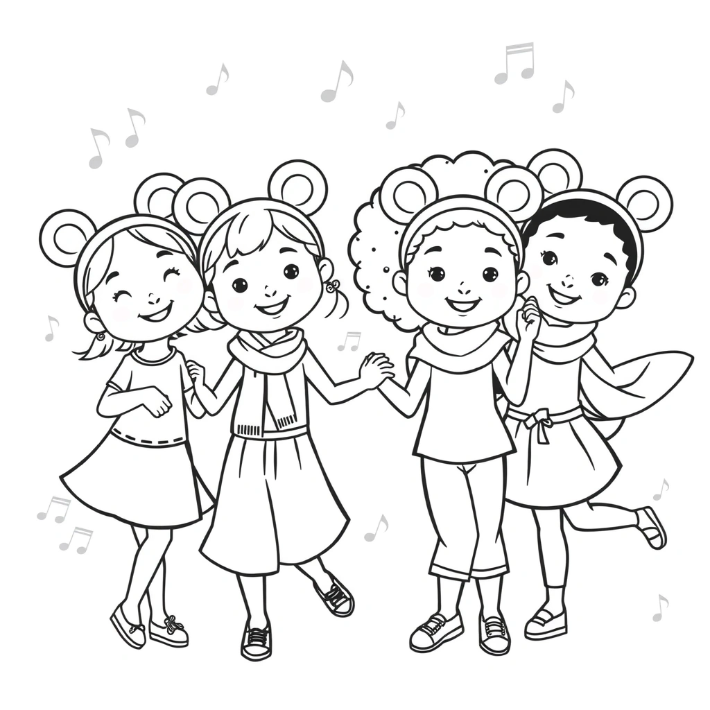 Kolorowanka: Tańczące dzieci z uszkami - Kolorowanki - Dzień Myszki Miki