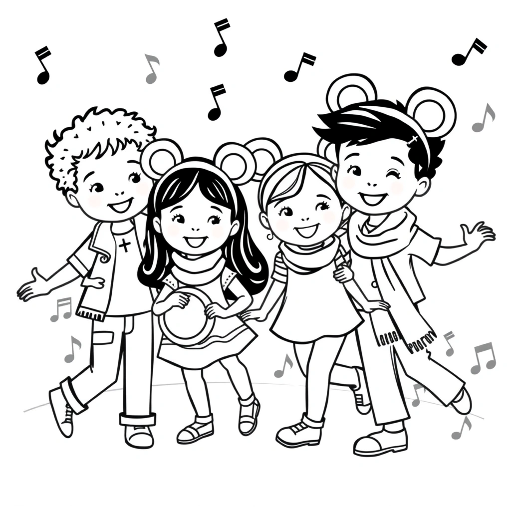 Kolorowanka: Tańczące dzieci z uszkami - Kolorowanki - Dzień Myszki Miki