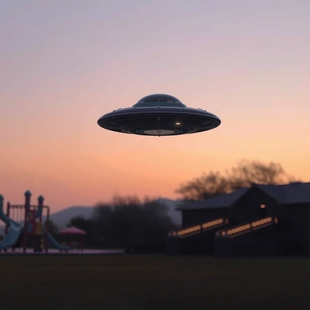 Tło wizualizacji — Spokojna podróż UFO nad placem zabaw - Materiały - Dzień UFO