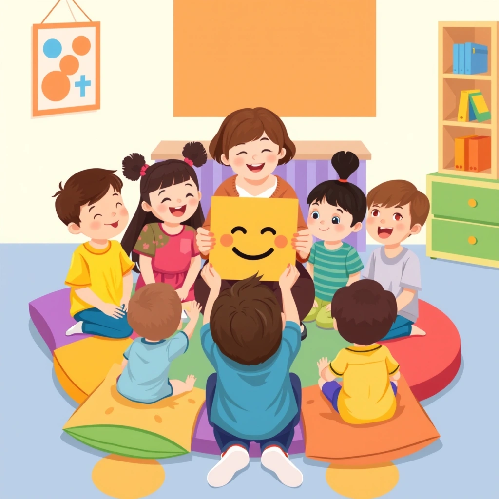 Plakat: Dzieci w kręgu z nauczycielem - Materiały - Dzień Emotikony