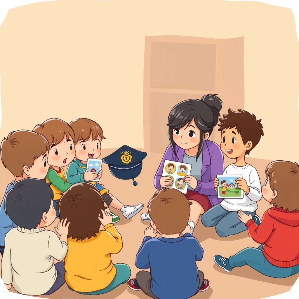 Ilustracja: nauczyciel prezentuje rekwizyty - Materiały - Dzień Policjanta