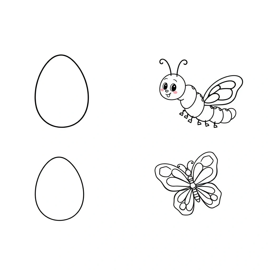 Kolorowanka: jajo, gąsienica, motyl (kontury) - Kolorowanki - Dzień Motyli