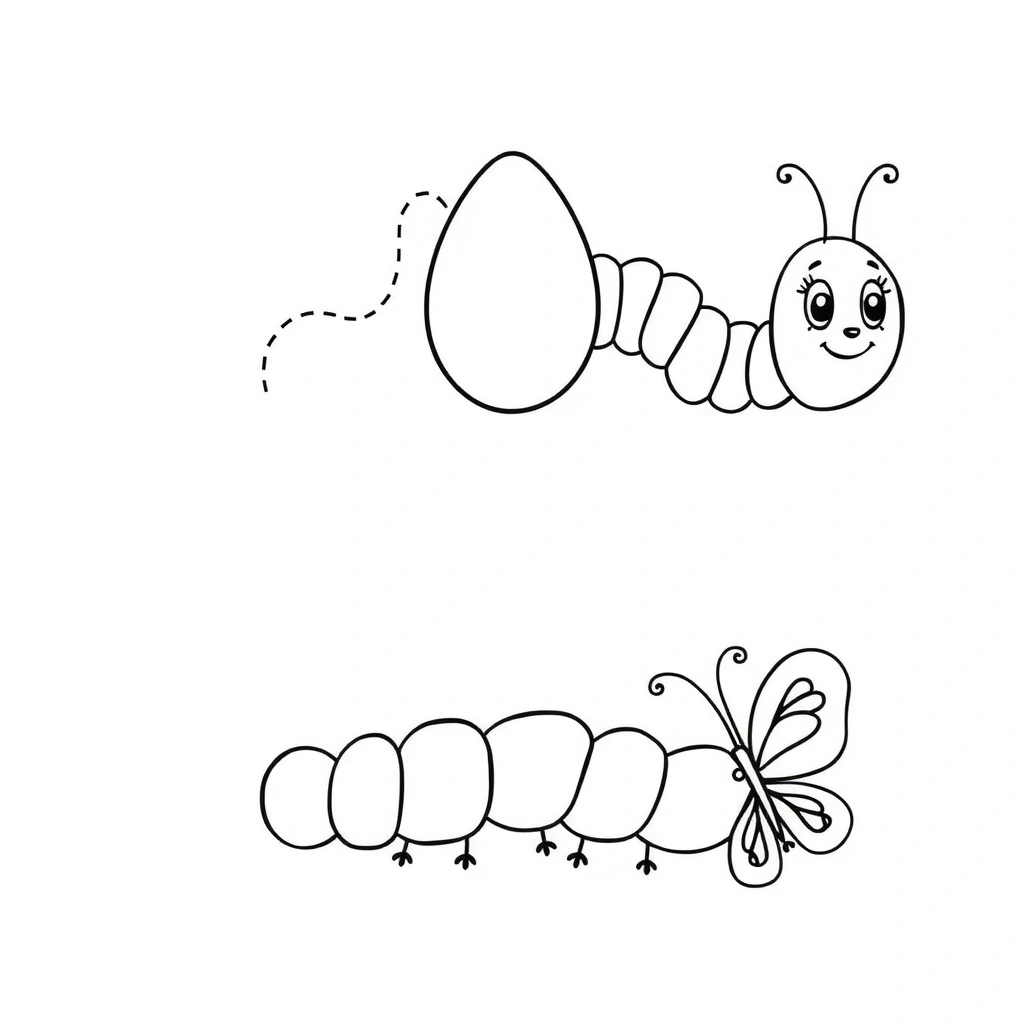 Kolorowanka: jajo, gąsienica, motyl (kontury) - Kolorowanki - Dzień Motyli