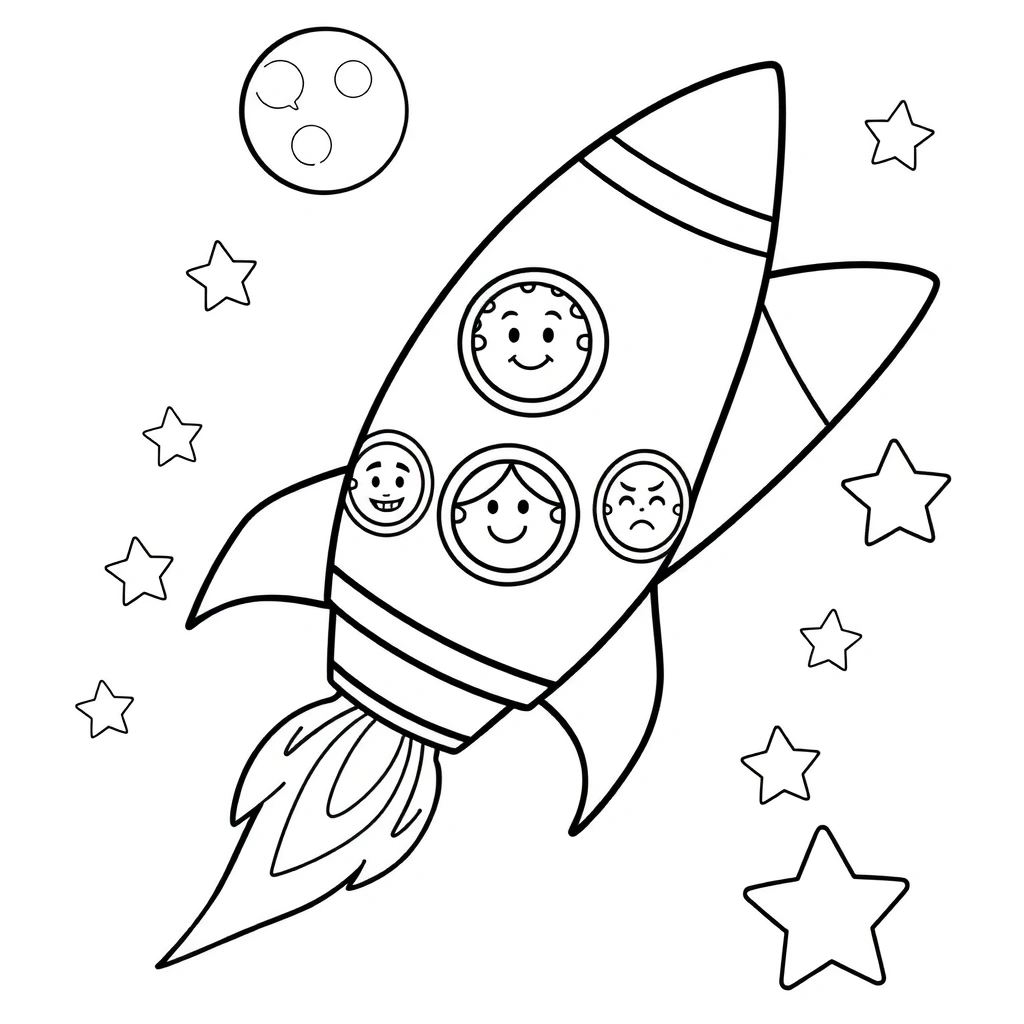 Kolorowanka: Rakieta z buźkami emocji - Kolorowanki - Dzień Lotnictwa i Kosmonautyki