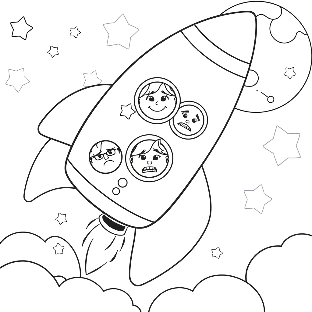 Kolorowanka: Rakieta z buźkami emocji - Kolorowanki - Dzień Lotnictwa i Kosmonautyki