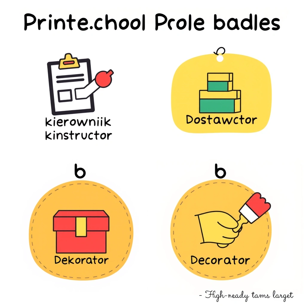 Odznaki ról zespołu (kierownik, konstruktor, dostawca, dekorator) - Szablony - Dzień Budowlańca