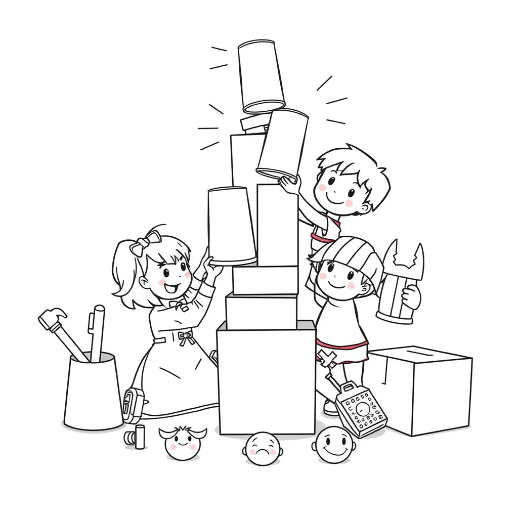 Strona kolorowanki — wieża i dzieci - Kolorowanki - Dzień Budowlańca