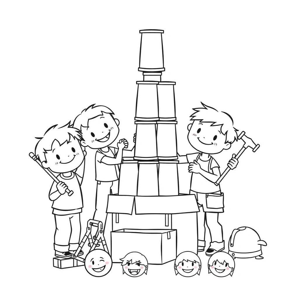 Strona kolorowanki — wieża i dzieci - Kolorowanki - Dzień Budowlańca