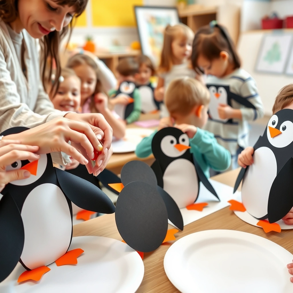 Dzieci przyklejające elementy pingwinka — scena pracowni - Materiały - Dzień Pingwina Międzynarodowy