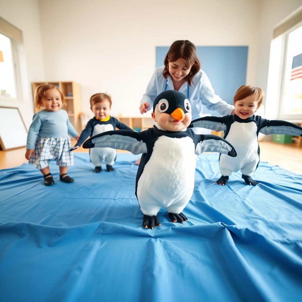 „Morze” z niebieskiego materiału — scena ruchowa - Materiały - Dzień Pingwina Międzynarodowy