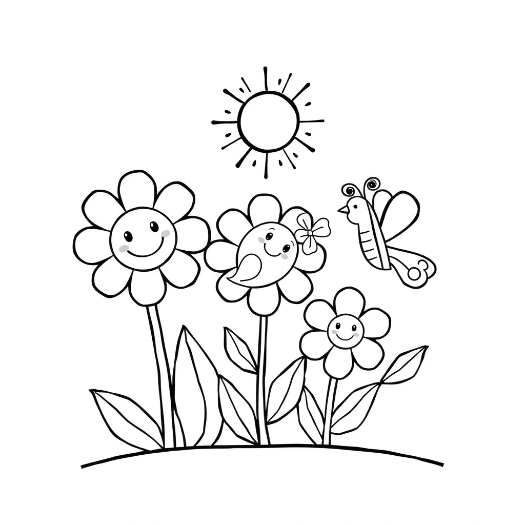 Kolorowanka — Kwiaty i wiosenne zwierzątka - Kolorowanki - Pierwszy Dzień Wiosny
