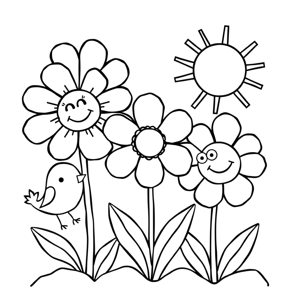 Kolorowanka — Kwiaty i wiosenne zwierzątka - Kolorowanki - Pierwszy Dzień Wiosny