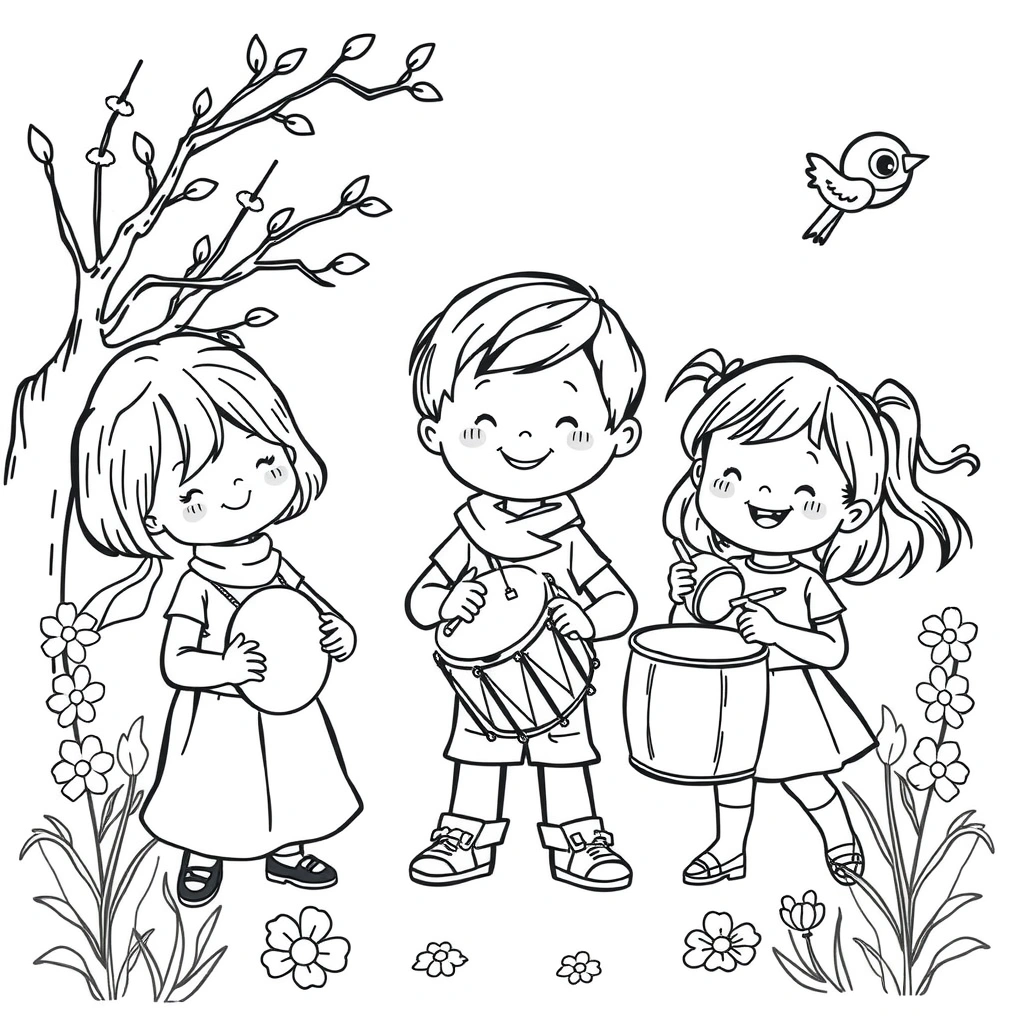 Kolorowanka — Wiosna z instrumentami - Kolorowanki - Pierwszy Dzień Wiosny