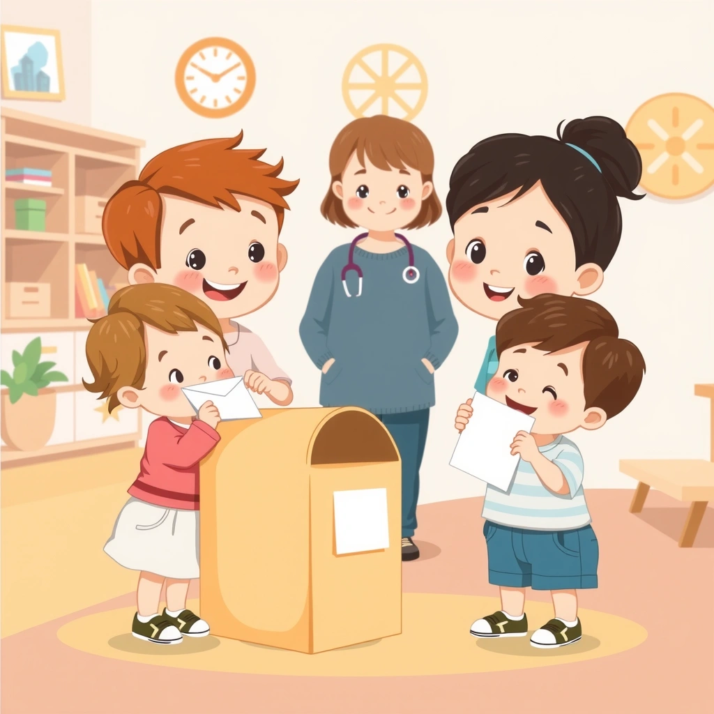 Ilustracja zabawy: dzieci doręczają listy - Materiały - Dzień Znaczka Pocztowego