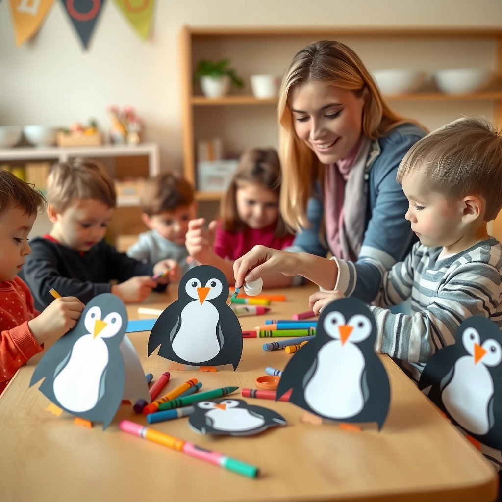 Scena zajęć — dzieci tworzą pingwiny - Materiały - Dzień Pingwina