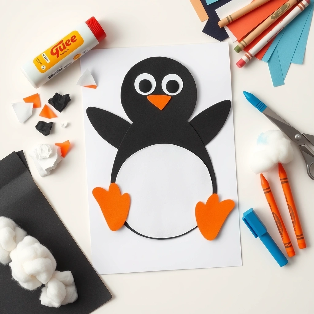 Zdjęcie przykładowego kolażowego pingwina — flatlay - Materiały - Dzień Pingwina