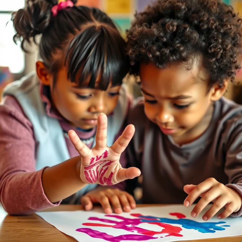 Nauczyciel pomaga dziecku przy malowaniu dłoni - Materiały - Rozpoczęcie roku szkolnego