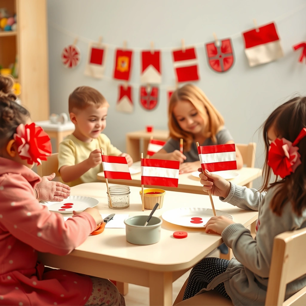 Scena warsztatowa: dzieci robią kotyliony i flagi - Materiały - Święto Konstytucji 3 Maja