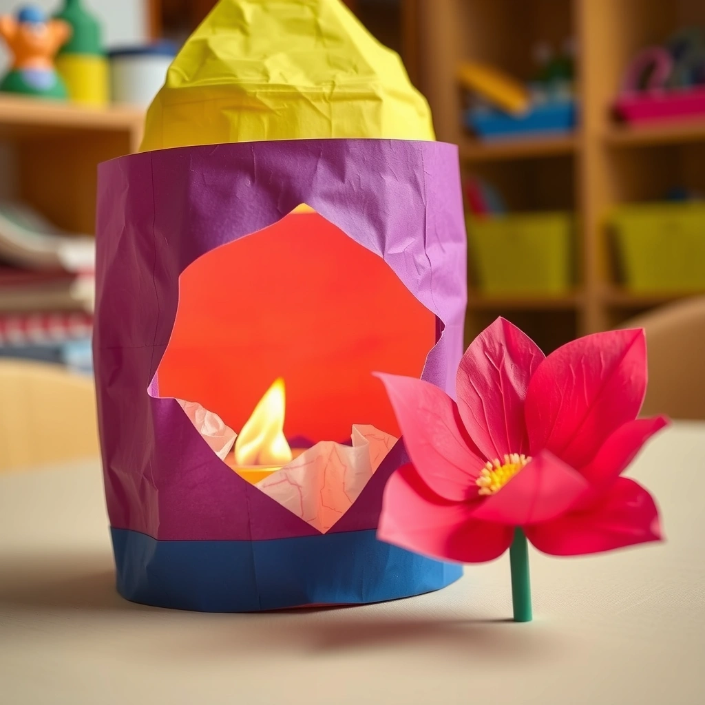 Przykład gotowego lampionu i papierowego kwiatuszka - Materiały - Wszystkich Świętych