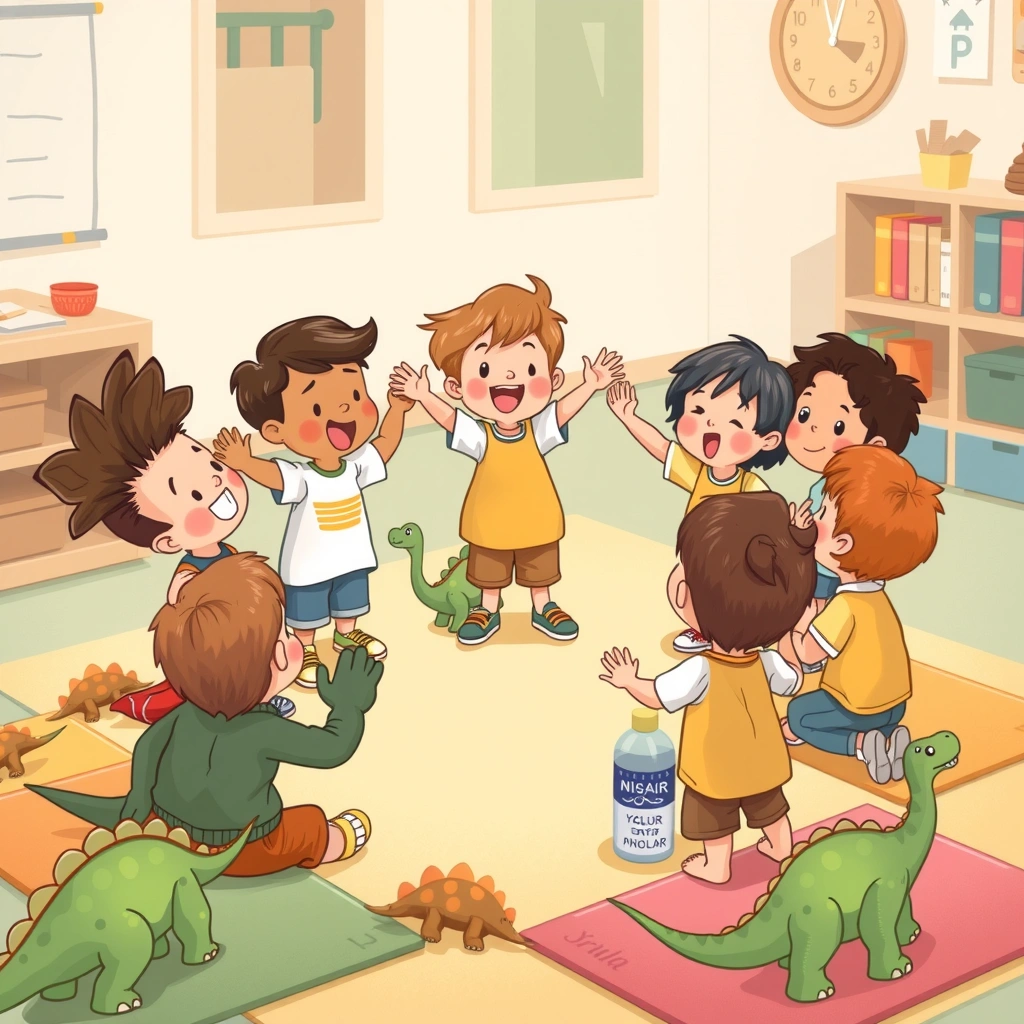 Ilustracja: Dzieci naśladują dinozaury - Materiały - Dzień Dinozaura