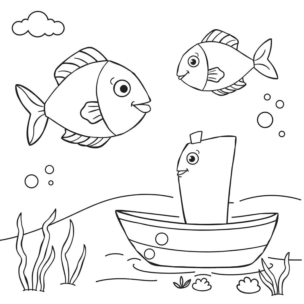 Kolorowanka — rybki i łódka - Kolorowanki - Dzień Rybaka