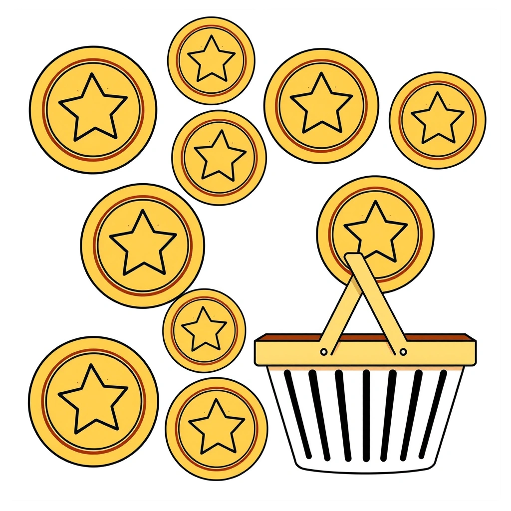 Monety i koszyk do zabawy w sklepik - Szablony - Dzień Zdrowego Jedzenia