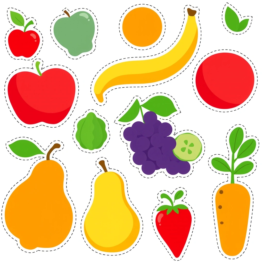 Wycięte owoce i warzywa — kolorowe kształty - Szablony - Dzień Zdrowego Jedzenia
