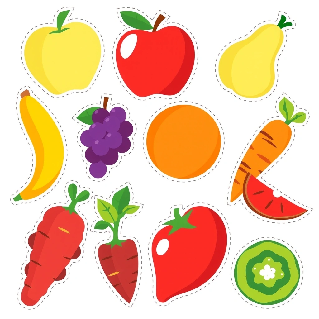 Wycięte owoce i warzywa — kolorowe kształty - Szablony - Dzień Zdrowego Jedzenia
