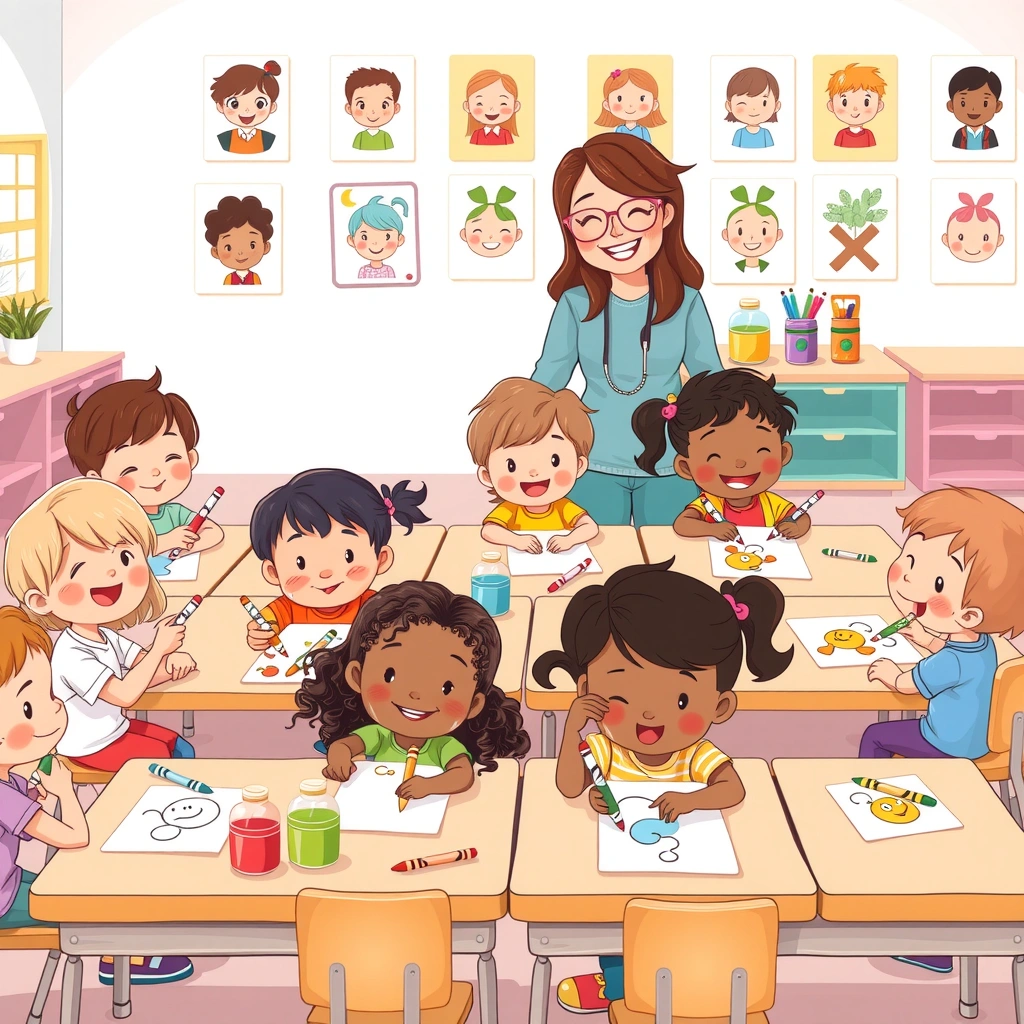 Ilustracja — Dzieci kolorują przy stolikach - Materiały - Dzień Kolorowanek