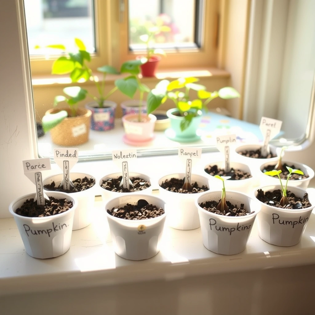 Zdjęcie: kubeczki z podpisami na parapecie - Materiały - Święto Dyni