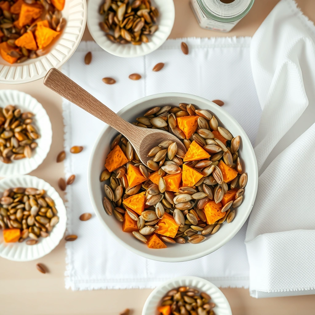 Zdjęcie: miska z nasionami i miąższem (flat lay) - Materiały - Święto Dyni